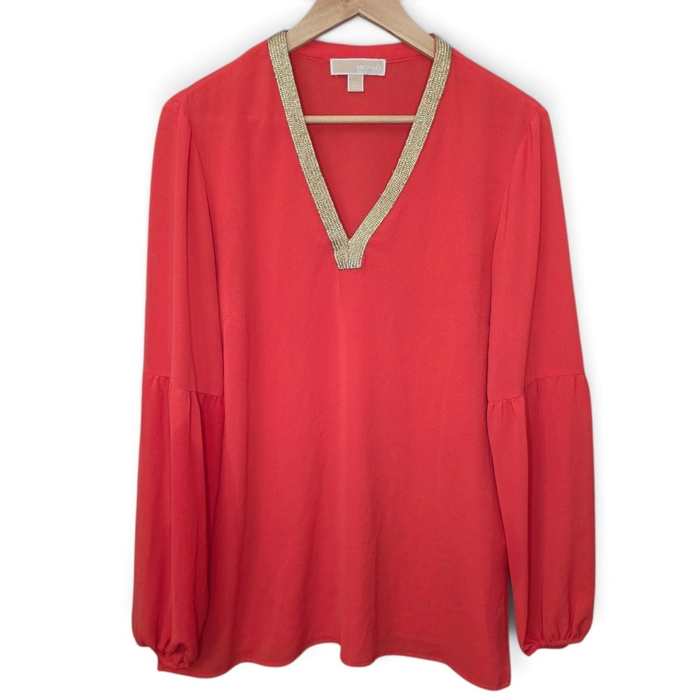 Michael Kors Blouse Womens Large Coral Gold Metallic Trim V Neck Long Sleeve
